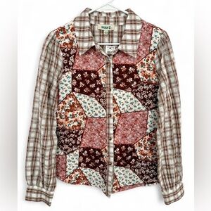 NWT ROCKIN C WOMEN'S FLORAL QUILTED PLAID‎ LONG SLEEVE TOP SMALL BUTTON DOWN